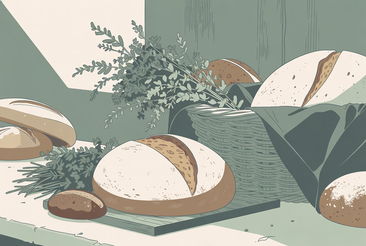 Ilustração minimalista de mercado matinal português com pão fresco e ervas aromáticas
